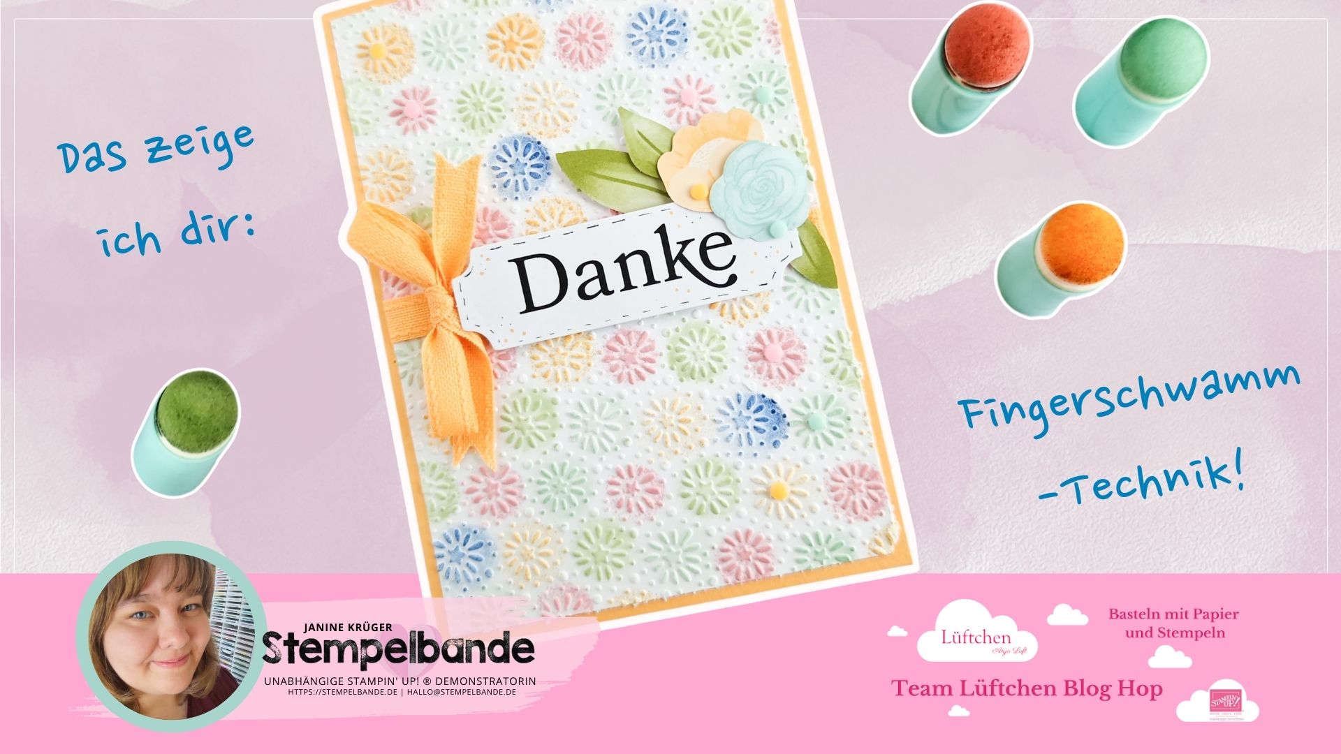 Kreative Grußkarte mit Fingerschwämmchen-Technik, einem exklusiven Prägefolder und floralen Elementen aus dem Sale-A-Bration-Programm von Stampin' Up!