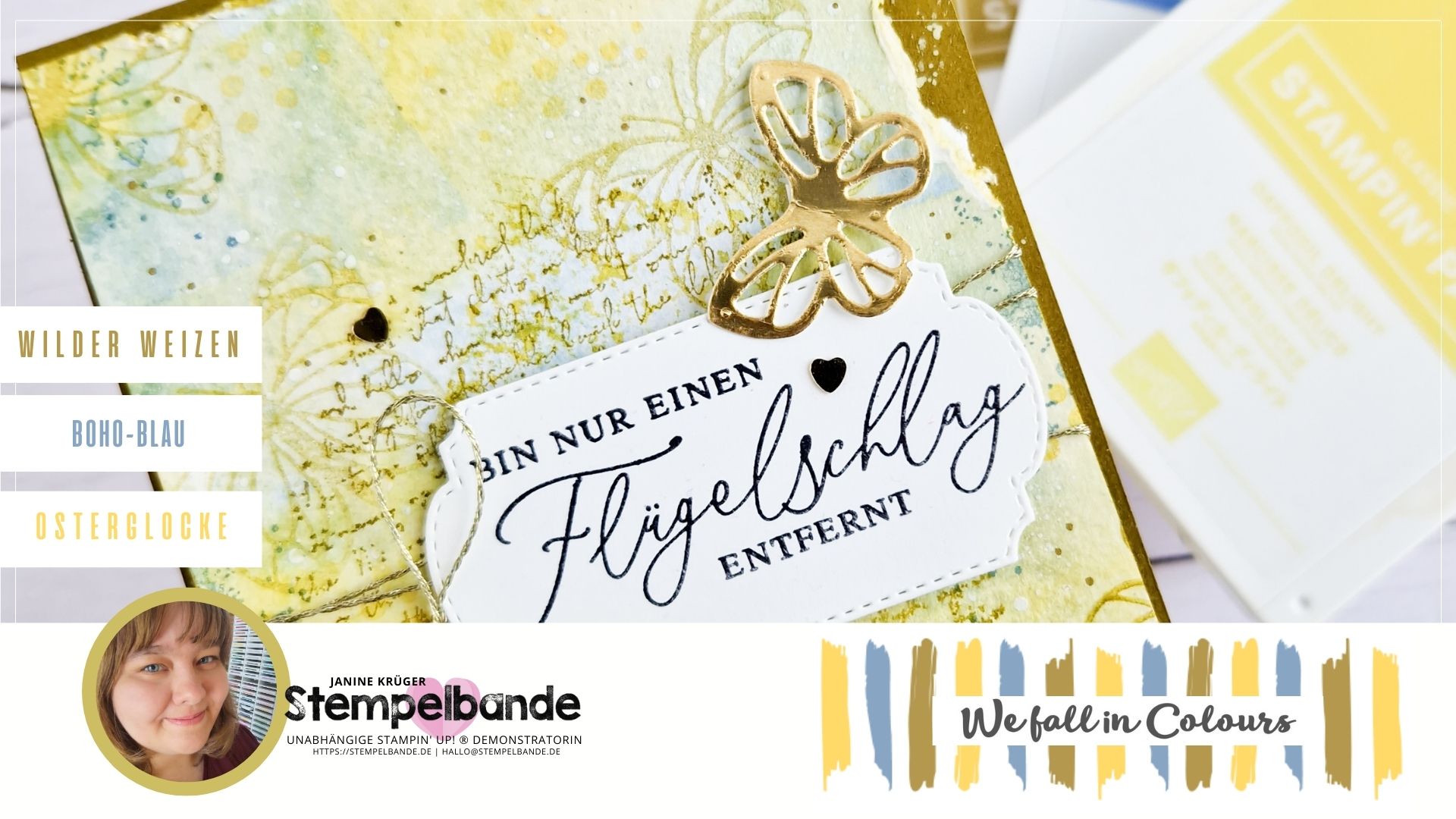 Handgemachte Vintage-Karte mit Aquarell-Hintergrund und goldenen Schmetterlingen – gestaltet mit dem Produktpaket ‚Schmetterlingsgrüße‘ von Stampin’ Up!