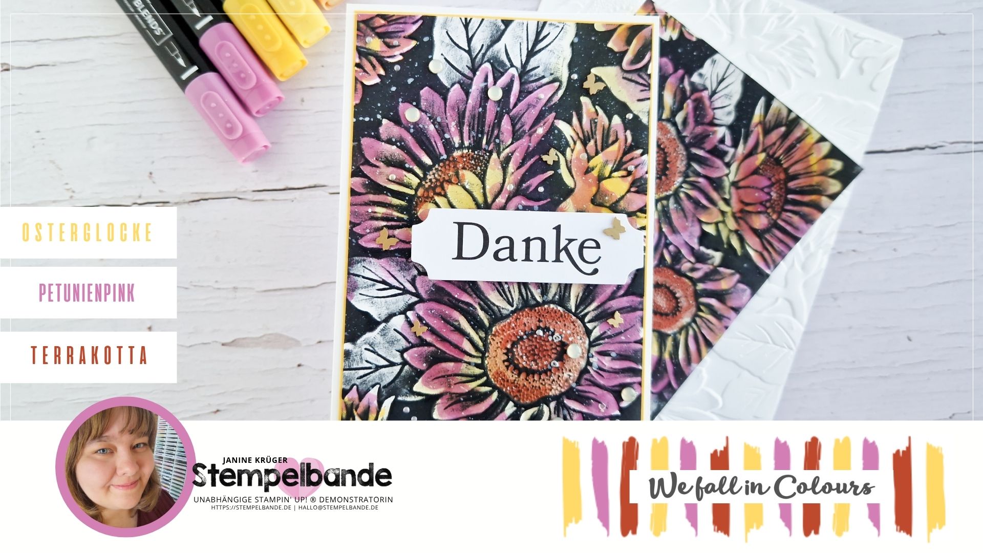 Sommerliche Stampin’ Up! Karte mit geprägtem Sonnenblumenfeld, koloriert mit Blends und Schwarztechnik – We fall in Colours Bloghop Juli